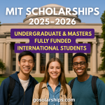 image showing happy students standing in front of MIT’s campus with key scholarship highlights and the website goscolarship.com.