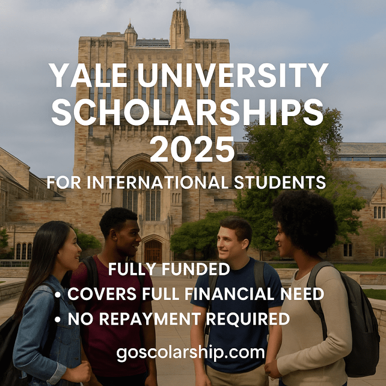 Four diverse students standing in front of Yale University’s iconic Sterling Memorial Library with bold text promoting fully funded scholarships for international students 2025 and goscolarship.com at the bottom.