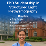 A smiling healthcare student in front of Manchester Metropolitan University with scholarship details overlaid, promoting a PhD studentship