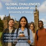 Four diverse business students smiling in front of the University of Glasgow, with scholarship benefits displayed for the Global Challenges Scholarship 2025