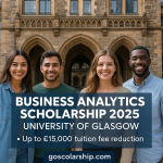 Four international students standing in front of the University of Glasgow, smiling with scholarship details displayed clearly on screen.