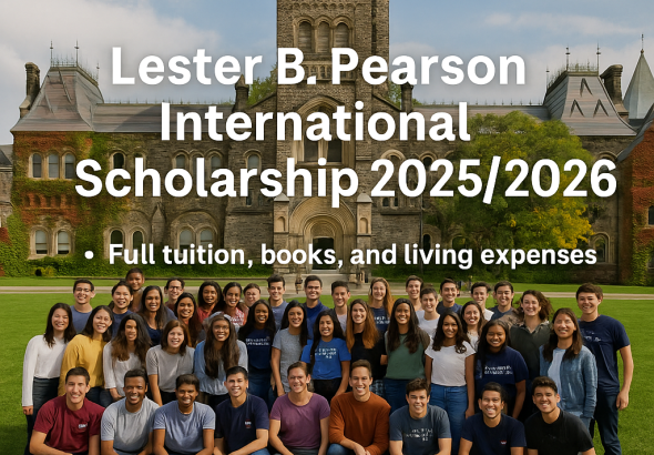 Smiling undergraduate students gathered in front of the University of Toronto, with scholarship details and website link displayed clearly.