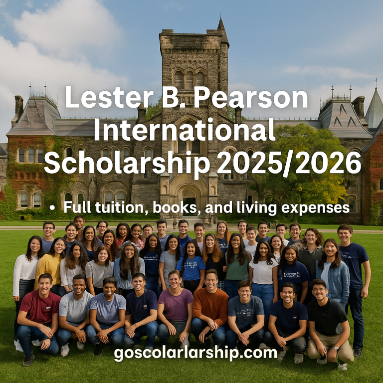 Smiling undergraduate students gathered in front of the University of Toronto, with scholarship details and website link displayed clearly.