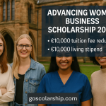 Four smiling international students standing in front of the Adam Smith Business School, with scholarship details displayed on screen.