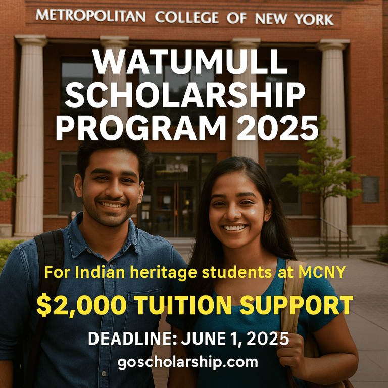 Two smiling students in front of Metropolitan College of New York with details of the Watumull Scholarship 2025 displayed clearly on the image.