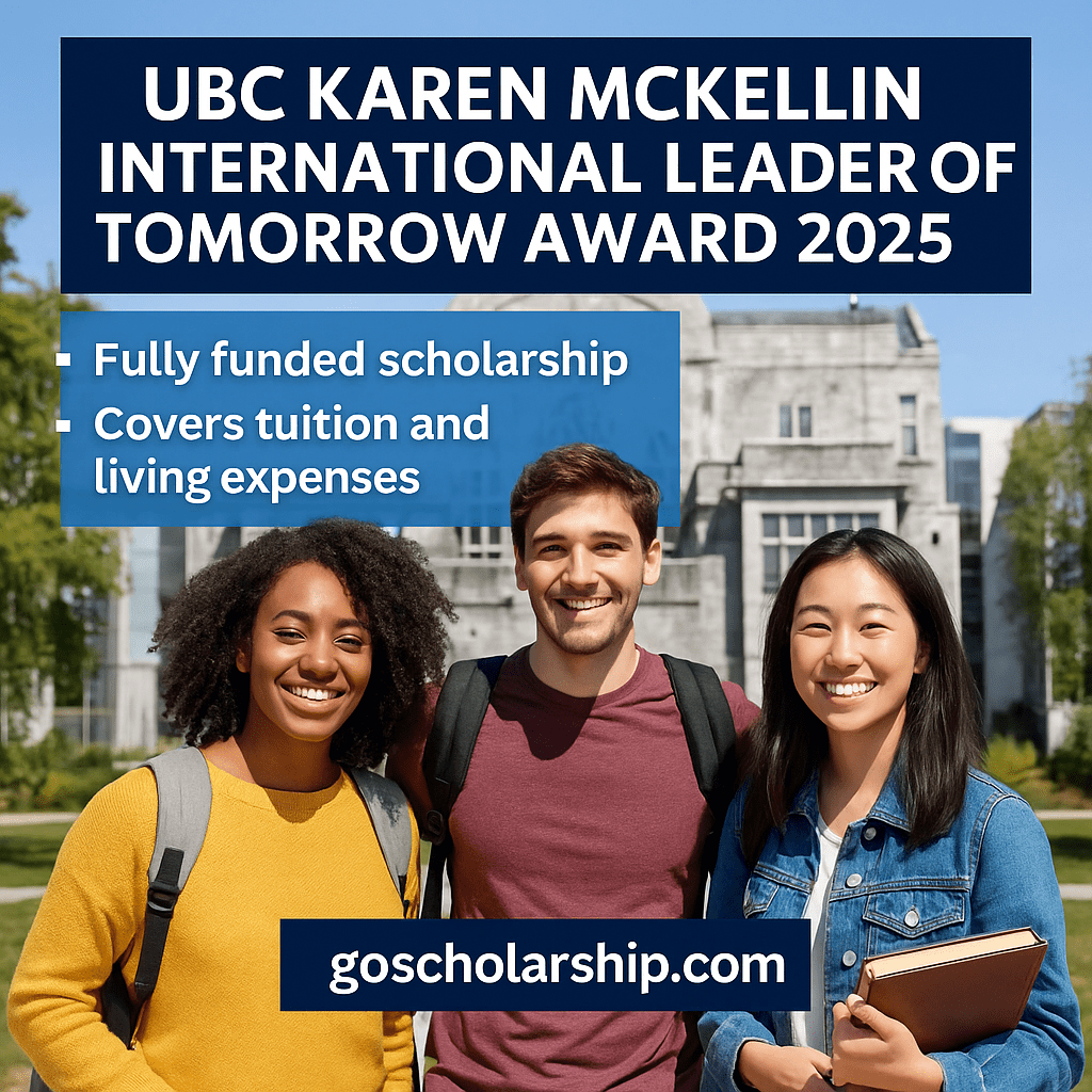 Three international students smiling in front of the University of British Columbia campus promoting the UBC Karen McKellin Scholarship 2025.
