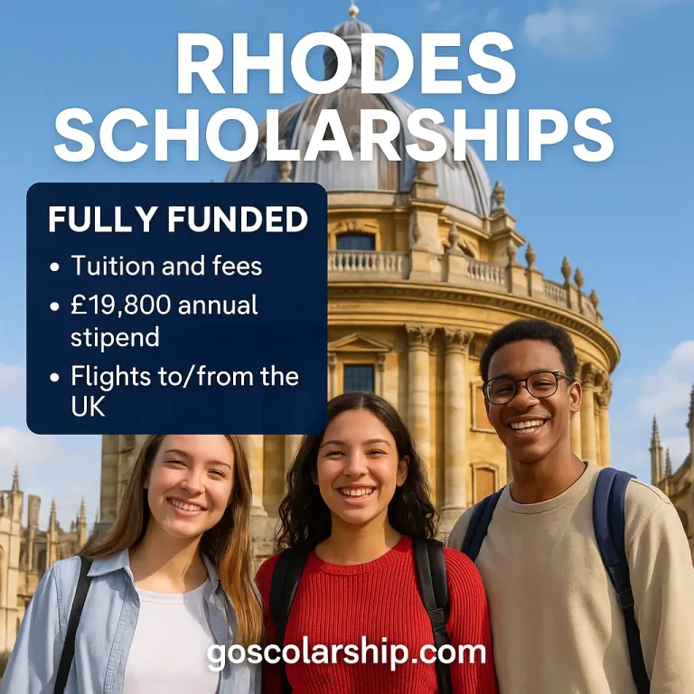 Three smiling international students stand in front of Oxford University's Radcliffe Camera, promoting the Rhodes Scholarships.