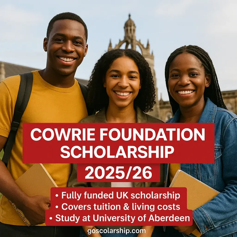Three happy Black students standing in front of the University of Aberdeen, promoting the Cowrie Foundation Scholarship 2025/26 with benefits listed below.