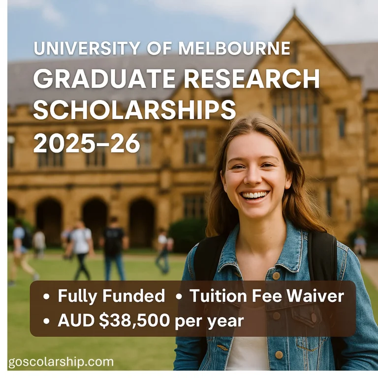 A smiling female student with a backpack stands in front of the University of Melbourne campus, with scholarship details displayed on the image.