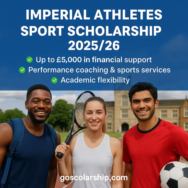 Three smiling student-athletes holding sports gear on a university track with Imperial Athletes Sport Scholarship 2025/26 details displayed.