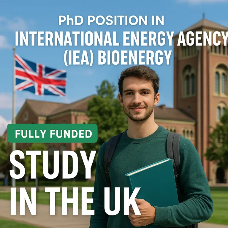 Young student holding a book stands in front of a UK university building with a Union Jack flag, promoting a fully funded PhD in bioenergy.