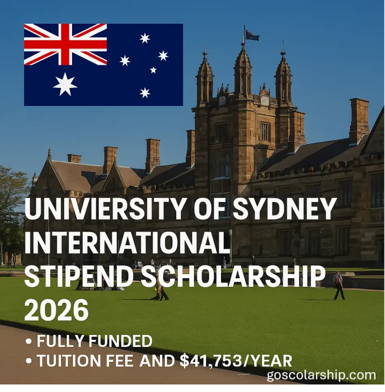 A square image featuring the University of Sydney campus with students on the lawn, the Australian flag in the corner, and scholarship details overlaid.